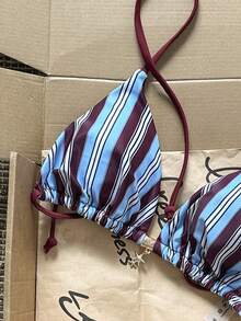 SHEIN Swim 女士随机印花挂脖金属装饰比基尼上衣，春夏比基尼塑形泳衣条纹泳装上衣斑马纹泳装条纹比基尼上衣 - 彩色 - 查看 4