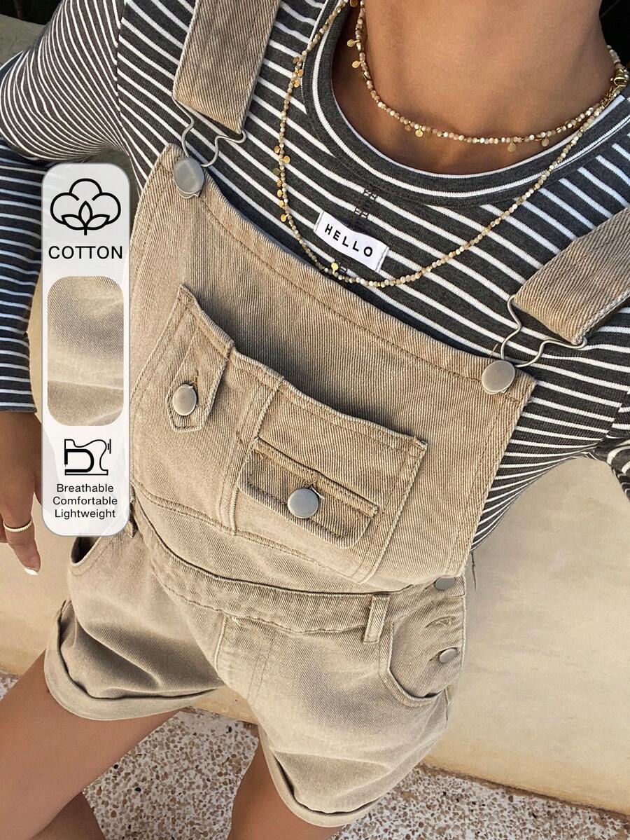 DAZY Women's Casual Loose Cotton Solid Color Denim Bib Pants, Suitable For Summer Beach Holiday - Khaki - View 1
