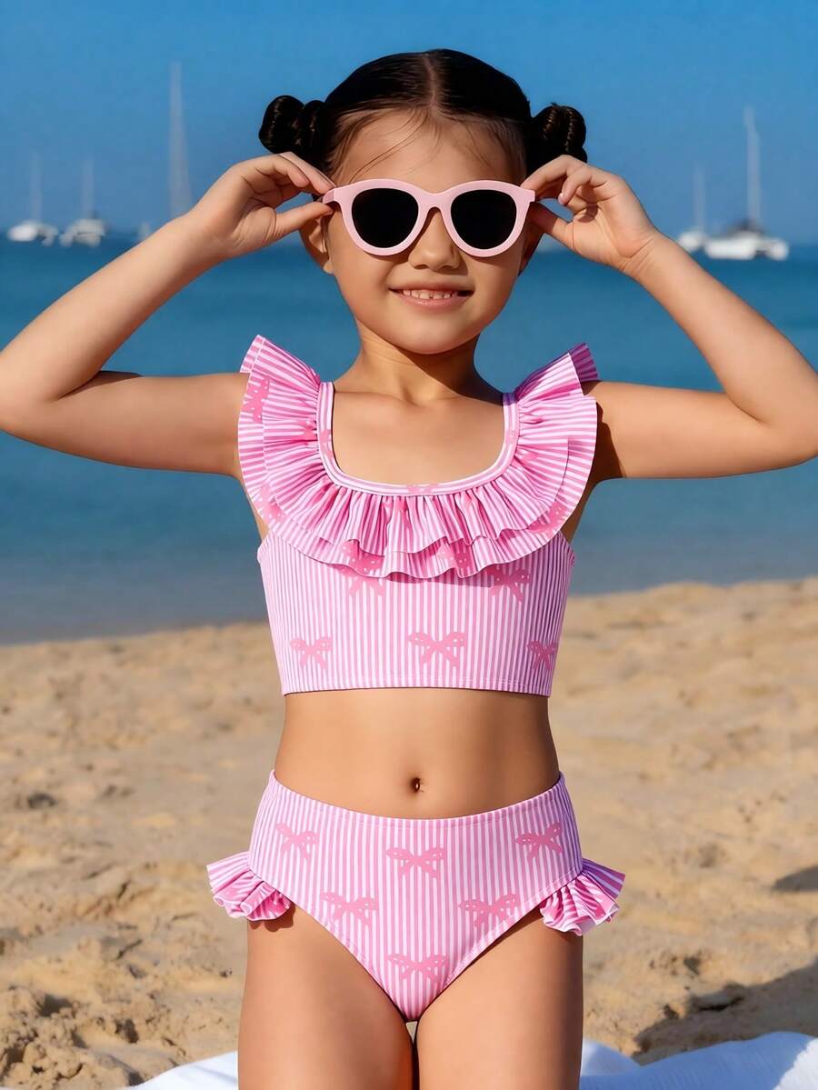 Traje de baño para niñas, tankini con estampado de leopardo y mangas para niñas jóvenes, traje de baño modesto, estilo lindo - Rosa - Ver 1