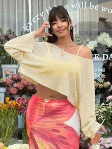 GalTyme 大码女式纯色不对称领长袖宽松衬衫 - 杏色 - 查看 3