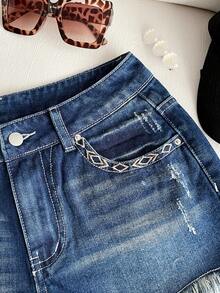 Elamini Shorts vaqueros casuales de mujer con dobladillo deshilachado y remaches - Azul - Ver 6