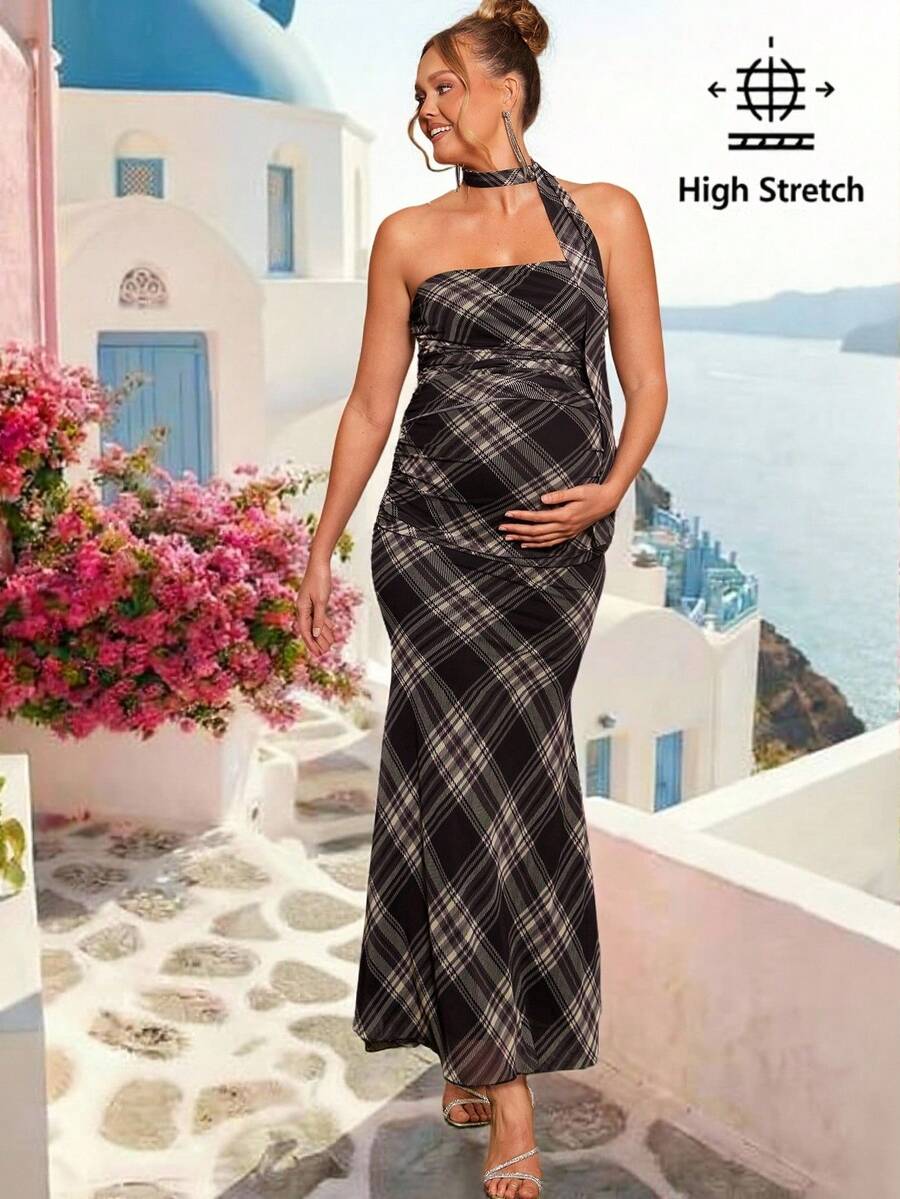 Loomaby 两件套孕妇休闲日常套装 - 褶皱格纹抹胸上衣和修身长裙套装 - 彩色 - 查看 1