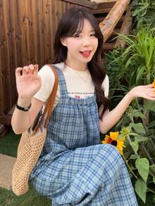 DAZY 女士格子休闲水洗方格印花牛仔背带裤 - 中等水洗藍 - 查看 3