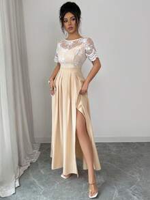 SHEIN Elenzya Đầm nữ tay ngắn phối ren, dáng ôm, xẻ tà, kiểu dáng thường ngày. - Màu be - Xem 3