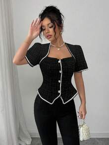 Elenzga Women's Elegant Black And White Summer Jacquard Wavy Ribbon Short Sleeve Blouse,Classy Button Up Tweed Top For Business Casual Tea Party Outfits - Black - View 6