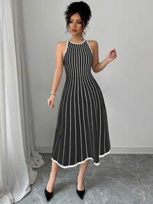 Franclia New Vintage Striped Patchwork Contrast Color Round Neck Sleeveless Knitted Dress For Women - Black - View 4