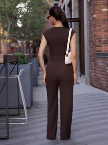 Andrea Bello 2 件套女士简约通勤针织纹理舒适休闲金属扣装饰套装，秋季 - 咖啡棕 - 查看 2