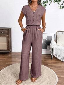EMERY ROSE Women's V-Neck Single-Breasted Cuffed Sleeve Pocket Wide Leg Casual Jumpsuit - Dusty Pink - View 3