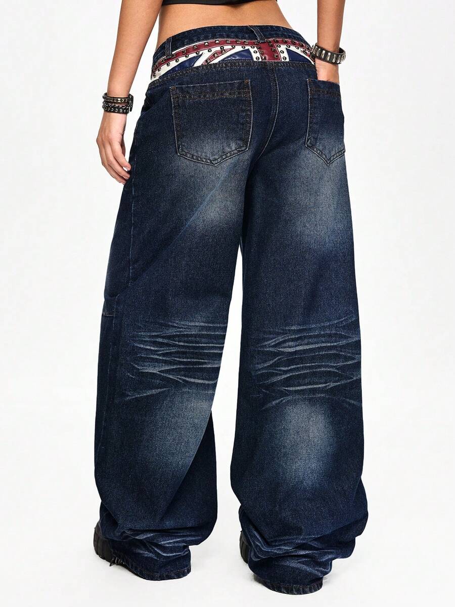 ROMWE Grunge Punk Quần jeans ống đứng dáng rộng cạp thấp, in họa tiết cờ Anh, đính đinh tán, phong cách thường ngày. - Màu xanh lam - Xem 1