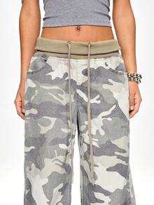 ROMWE Street Life Casual Street Style Cuffed Waist Design Loose Wide Leg Camouflage Jeans - Multicolor - View 2