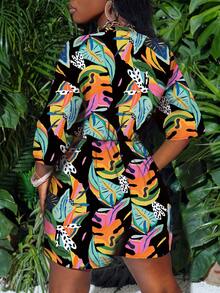 Slaydiva Vacation White Front Tie Hollow Out 3/4 Sleeve Loose Jumpsuit Women's Shorts Women's Resort Wear Vacation Outfits Women Tropical Women's Summer Women's Tropical Print Outfit - Multicolor - View 3