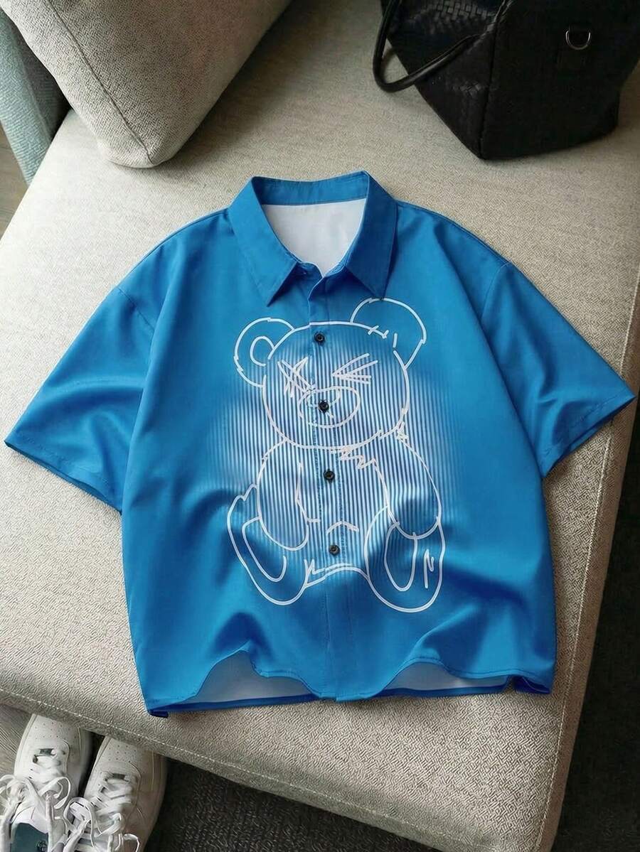 AXEPEAK Áo sơ mi nam tay ngắn in hình gấu thường ngày, mùa hè - Màu xanh lam - Xem 1