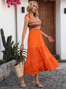 SHEIN Holidaya Women's Crochet Patchwork A-Line Dress, Romantic Vacation Style, Elegant Women's Summer Dresses Women's Summer Outfits Summer Outfit For Women Beachwear Dress Bohemian Outfit For Women Dress Boho - Orange - View 6