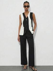 Maija Áo khoác công sở nữ không cổ, cổ chữ V, cài nút, phối hai tông màu, thích hợp cho mùa thu/đông. - Màu be - Xem 1