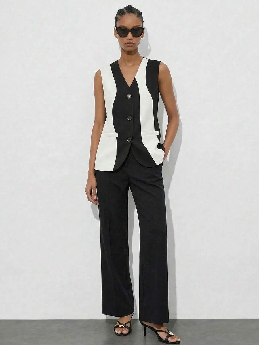 Maija Áo khoác công sở nữ không cổ, cổ chữ V, cài nút, phối hai tông màu, thích hợp cho mùa thu/đông. - Màu be - Xem 1