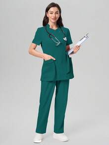 Scrubzie Anti-Wrinkle Short Sleeve Tie-Up Long Shirt And Long Pants Scrub Uniform Set - Teal Blue - View 6