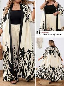 SHEIN CURVE+ Curve 尺码 US22 音乐节、海滨度假、波西米亚风印花两件套外套和裤子，度假沙滩装 - 黑與白 - 查看 1