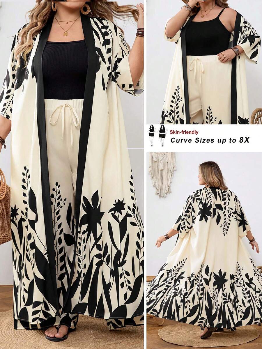 SHEIN CURVE+ Curve 尺码 US22 音乐节、海滨度假、波西米亚风印花两件套外套和裤子，度假沙滩装 - 黑與白 - 查看 1