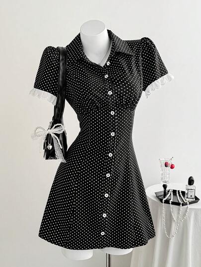 Comfortcana 2026 Spring/Summer New Fashion Women's Casual Black Polka Dot Print Button Mini Dress, Summer Christmas Lady Outfit, Women's New Year's Eve Dress, Elegant Women's Polka Dot Dress