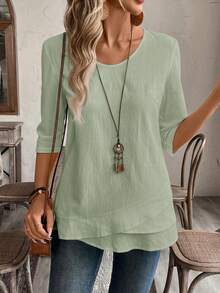 EMERY ROSE Plus Size Asymmetric Hem Green Country Shirts Fall Clothes - Green - View 6