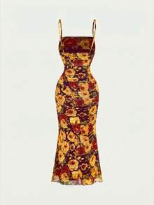 SHEIN MOD 70年代复古油画花卉印花褶皱连衣裙 – 修身鱼尾裙摆，适合约会、派对、舞会和节日，尽显迷人宫廷风情 - 深棕色 - 查看 2