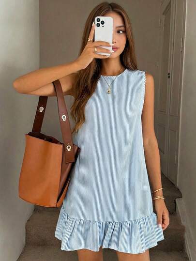 SHEIN Teen Girls' Round Neck Blue & White Striped Casual Summer Dress With Ruffle Hem Light Blue Striped Dress Preppy Dress Summer Casual Dress Sleeveless Ruffle Dress