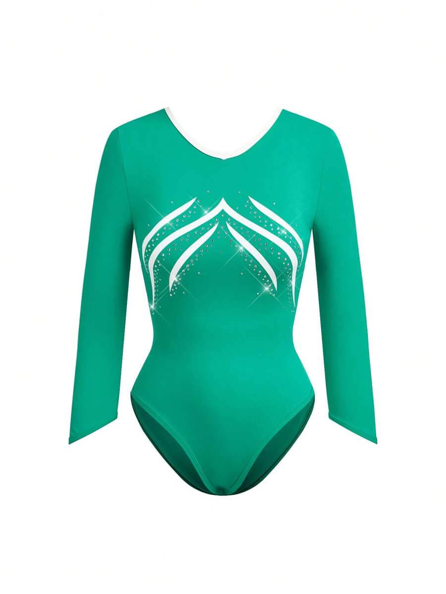 SHEIN Cheerettes Women's Rhinestone Decorated Leotard Gymnastics Jumpsuit - Dark Green - View 1