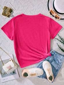 EMERY ROSE Women's Round Neck Letter Print Casual Versatile Daily Wear Short Sleeve T-Shirt - Hot Pink - View 2
