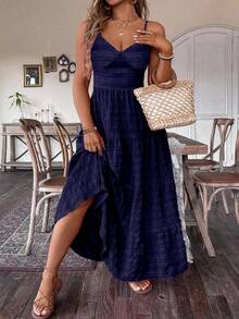 SHEIN Plus Size Navy Blue Plain Tiered Long Cami Dress Casual Ruffle Hem For Summer Vacation And Spaghetti Strap For Women Summer - Navy Blue - View 5