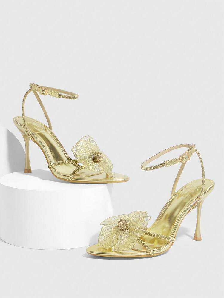 CUCCOO SZL Women Shoes Pointed Stitch Heel Gold Rhinestone Strip Three-Dimensional Flower Open Toe Sexy Fashion Gorgeous Dress Banquet Party Nightclub Women High Heel Sandals