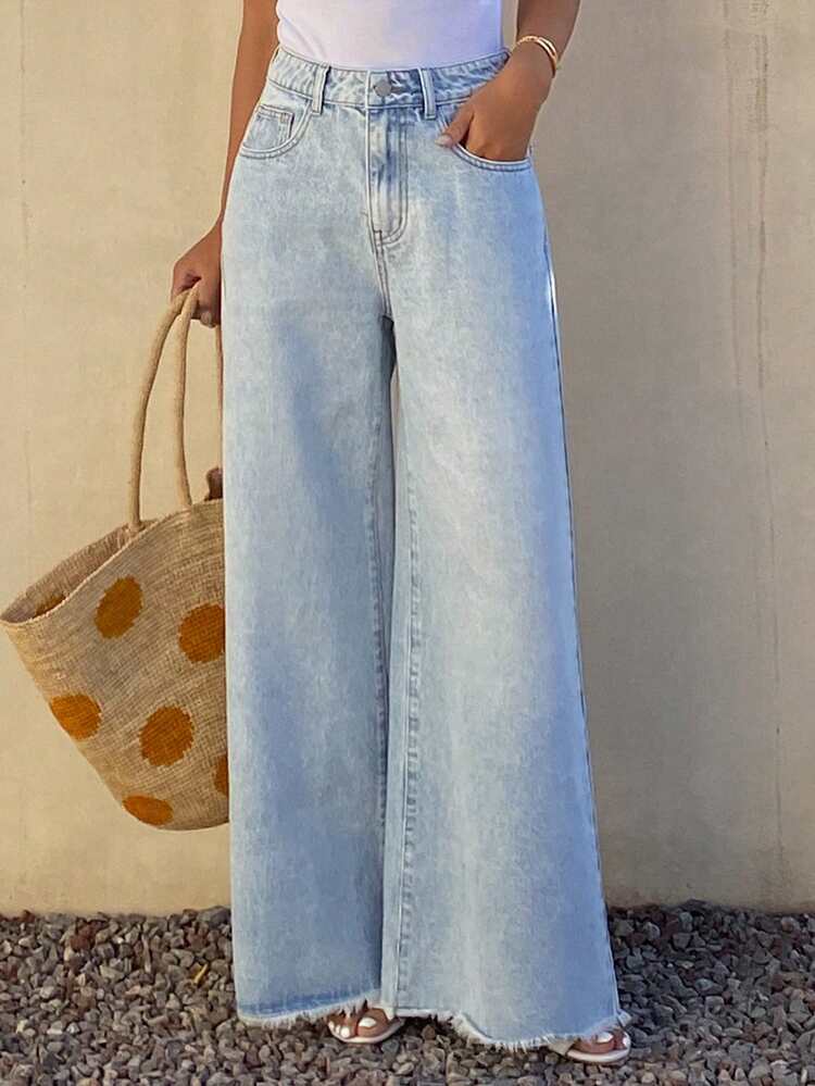 Women's Regular Mid-Waist Frayed Hem Loose Straight Leg Casual Jeans