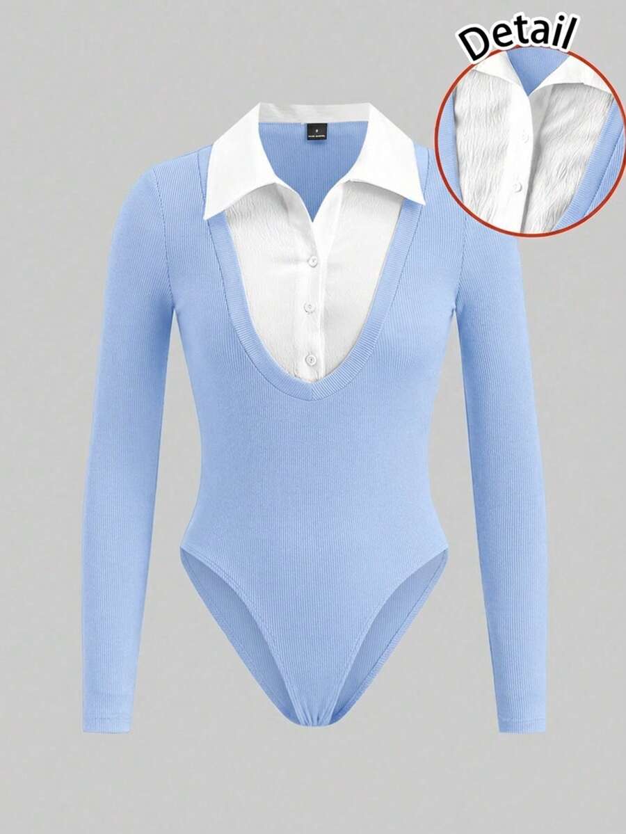 SHEIN EZwear 休闲简约修身白色领连体衣,搭配蓝色罗纹连体衣,二合一衬衫领连体衣,适合春夏穿着,百搭办公风格 - 藍色 - 查看 1