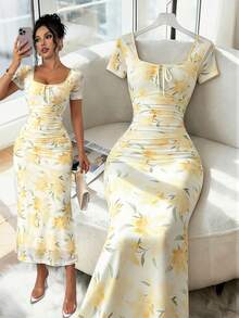Lyxana Women's Elegant Yellow Floral Print Square Neck Design Front & Middle Bowknot Waist Fitted Midi Dress, Spring/Summer - Yellow - View 5