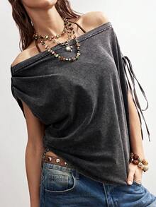 Bohemela Women's Dark Grey Summer Casual Chic Everyday Off-Shoulder T-Shirt,Bohemian Knit Roman Ruffles Beaded Details Two-Way Top,Beach Vacation - Grey - View 1