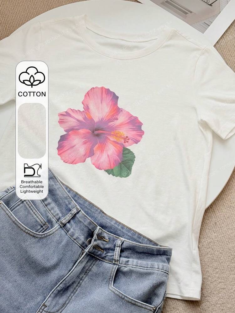 Women's Floral Print Casual Round Neck Short Sleeve T-Shirt, Summer Graphic Tees Women