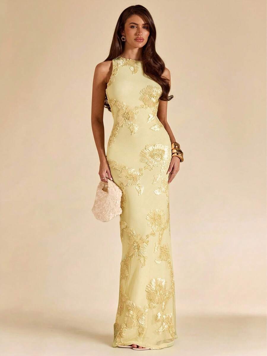 SHEIN BAE Elegantes, hellgelbes Sommerkleid für Damen, ideal als Hochzeitsgast, ärmelloses, figurbetontes Abendkleid aus strukturiertem Jacquard-Stoff, einfarbiges Kleid für Cocktailpartys, Urlaub und Strand - Gelb - Übersicht 1