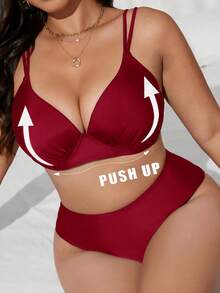 Swim Lushoire Women's Solid Color Underwire Bra Bikini Set With Adjustable Straps, Stylish, Fashionable, And Casual Beachwear - 紅玫瑰 - 查看 3