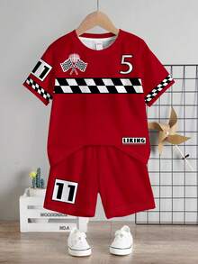 SHEIN Conjunto de camiseta casual minimalista para niño pequeño, adecuado para el verano, con cultura de carreras clásica, estampado a cuadros en blanco y negro, estampado del número 11, estampado de logotipo de texto clásico - Multicolor - Ver 3