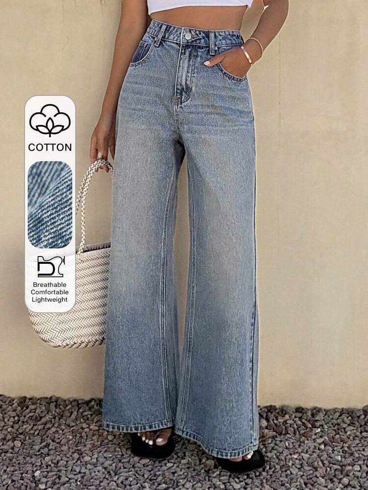 Women's High Waist Pockets Wide Leg Loose Casual Versatile Jeans