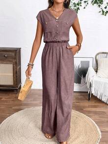 EMERY ROSE Women's V-Neck Single-Breasted Cuffed Sleeve Pocket Wide Leg Casual Jumpsuit - Dusty Pink - View 4