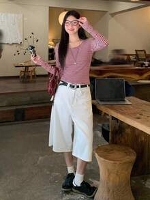 DAZY Kaos Lengan Panjang Kasual Gaya Korea Bergaris Leher Bulat untuk Wanita, Cocok untuk Musim Semi dan Musim Gugur - Red and White - View 2
