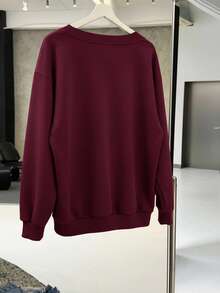 SHEIN EZwear 女式超大V领宽松休闲卫衣，酒红色，适合秋冬季 - 中紫紅色 - 查看 2