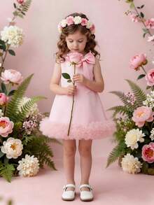 SHEIN Glamorique Kids 小女孩花童伴娘礼服，婚礼，花童，生日拍照服装，适合正式场合，钢琴演奏，浅粉色连衣裙，小女孩连衣裙，女孩生日粉色连衣裙，小女孩腮红粉色连衣裙，优雅粉色连衣裙，5岁 - 粉色 - 查看 1
