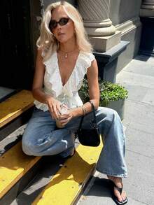 Elyressa Women's Summer Vacation Patchwork Ruffle Hem Embroidered Sleeveless Blouse - White - View 5