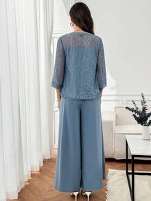 Miaspire 2pcs Women Lace V-Neck 3/4 Sleeve Top And Wide Leg Pants Set,Office Outfits For Women,Work Outfits For Women,Graduation Outfit For Mother Wedding Guest Dress Women Summer Elegant,Summer Outfits For Women - Blue - View 2