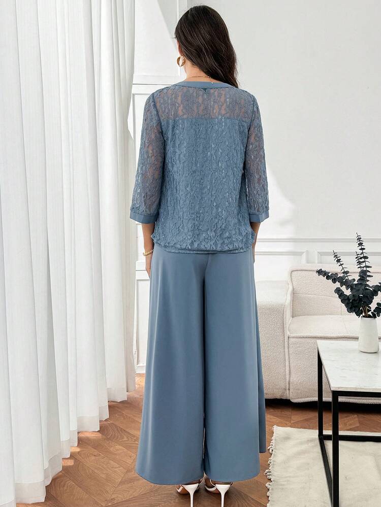 2pcs Women Lace V-Neck 3/4 Sleeve Top And Wide Leg Pants Set,Office Outfits For Women,Work Outfits For Women,Graduation Outfit For Mother Wedding Guest Dress Women Summer Elegant,Summer Outfits For Women
