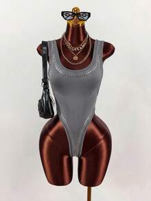 Amplova Body sexy con escote bajo y espalda descubierta con adornos de strass para mujeres - Gris - Ver 2