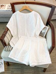 GlowEve CURVE Plus Size Women's Casual Solid Color Hollow Out Embroidery Shirt And Shorts 2-Piece Set, Spring/Summer - White - View 2