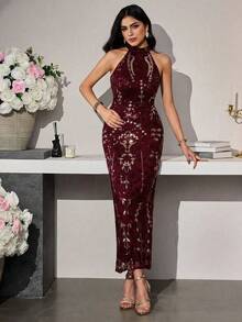 Modelyn فستان رسمي فاخر مزين بالخرز والتطريز للنساء، يعمل على إنحاف الجسم - عنابي اللون - مشاهدة 5
