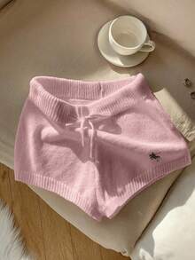 Comfortcana Women's Casual Pink Bodycon Mini Sweater Pants, Small Logo Embroidery,Fall - Pink - View 3